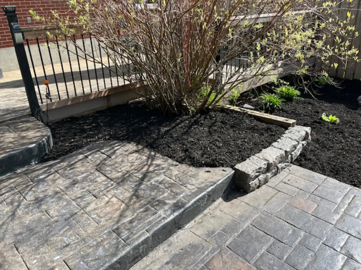 Fresh mulch bed beside a paver walkway