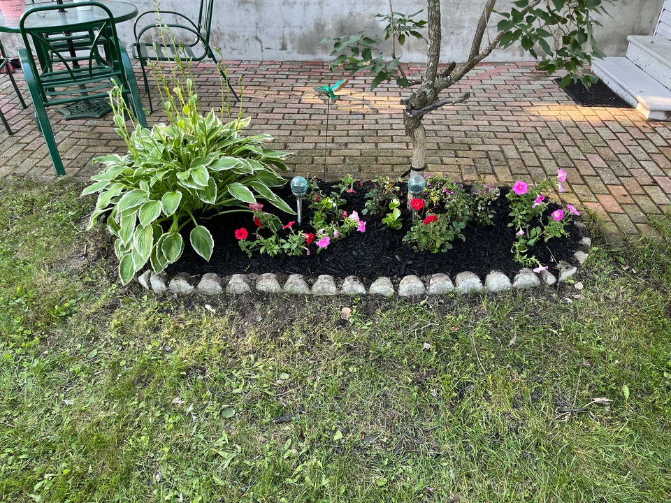 Flower bed beside a patio with hostas, pink flowers and stone edging
