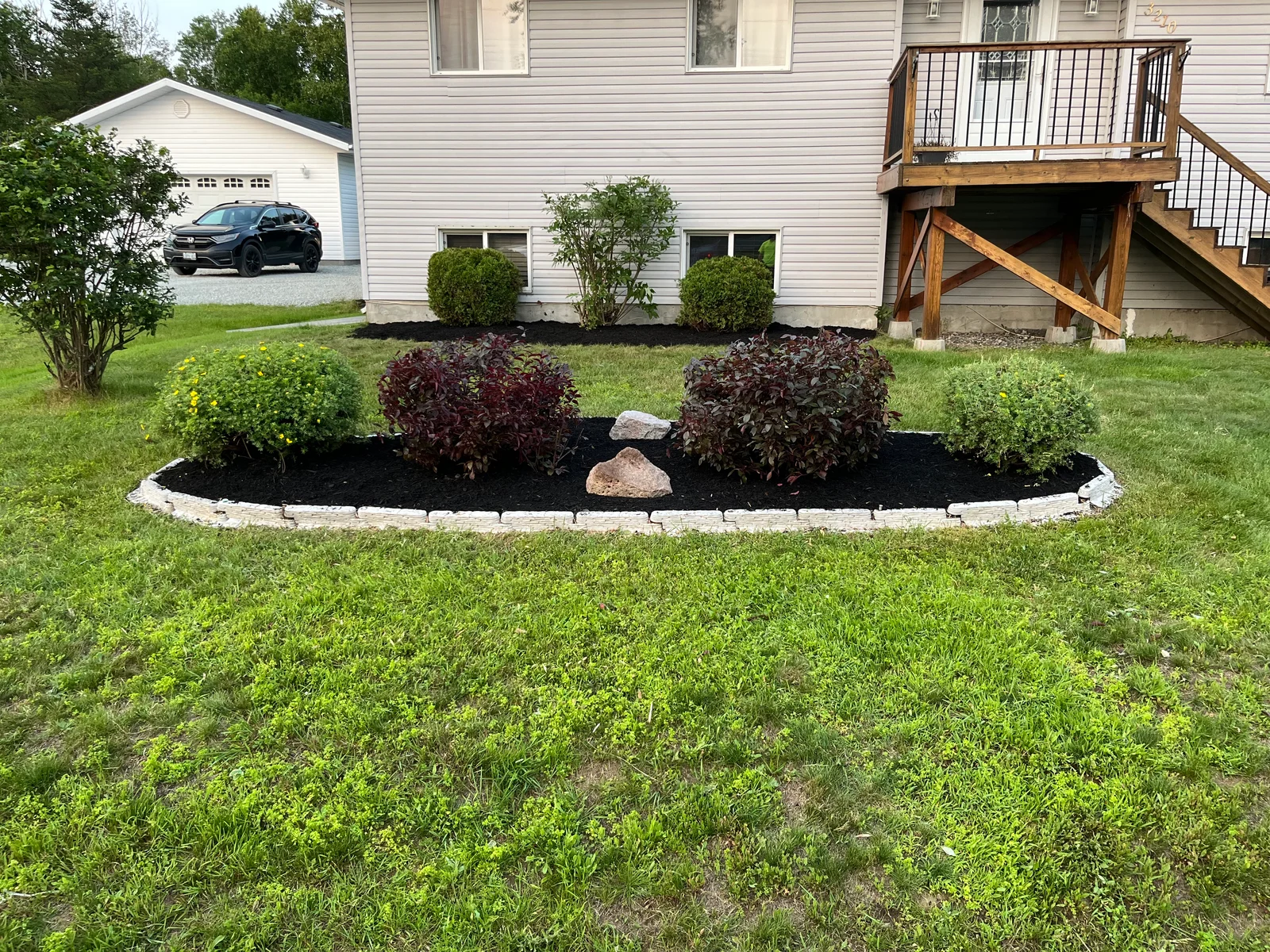 Trimmed shrubs in a front garden with dark mulch, a pale stone border and surrounding lawn