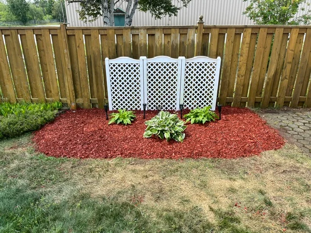 Backyard planting bed with a white lattice screen — after, pair 18 of 36